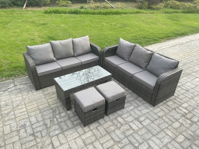 Rackhams 8 Seater Patio Garden Furniture Sets Wicker Outdoor Rattan Furniture Sofa Sets with Rectangular Coffee Table 2 Small Footstools - image 1