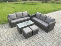 Rackhams 8 Seater Patio Garden Furniture Sets Wicker Outdoor Rattan Furniture Sofa Sets with Rectangular Coffee Table 2 Small Footstools - thumbnail 1
