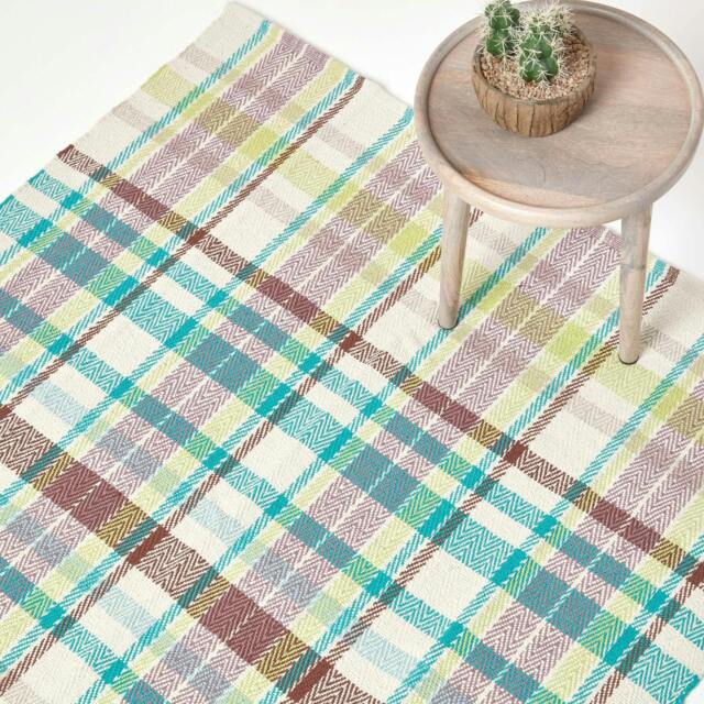 Rackhams Wilson Handwoven Blue, Yellow and Brown Tartan 100% Cotton Rug - 120 x 170 cm - image 1