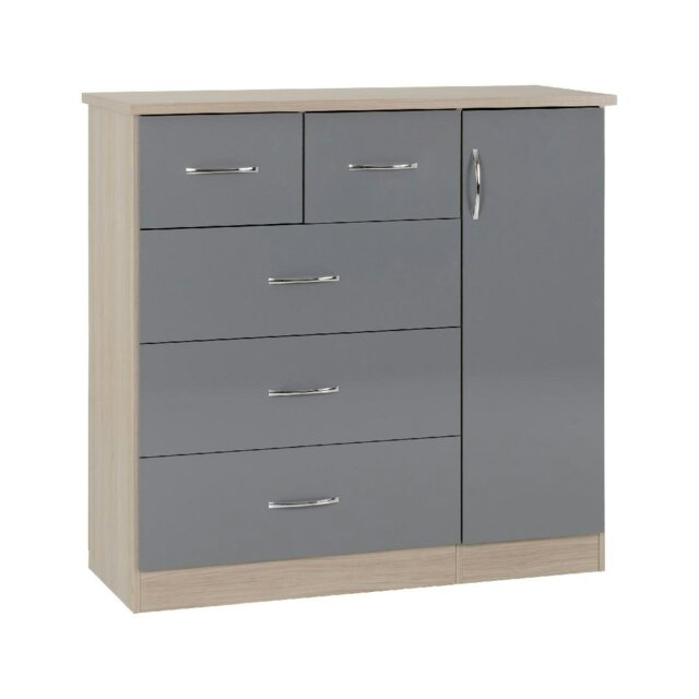 Rackhams Nevada 5 Drawer Low Wardrobe - Grey Gloss and Light Oak - image 1
