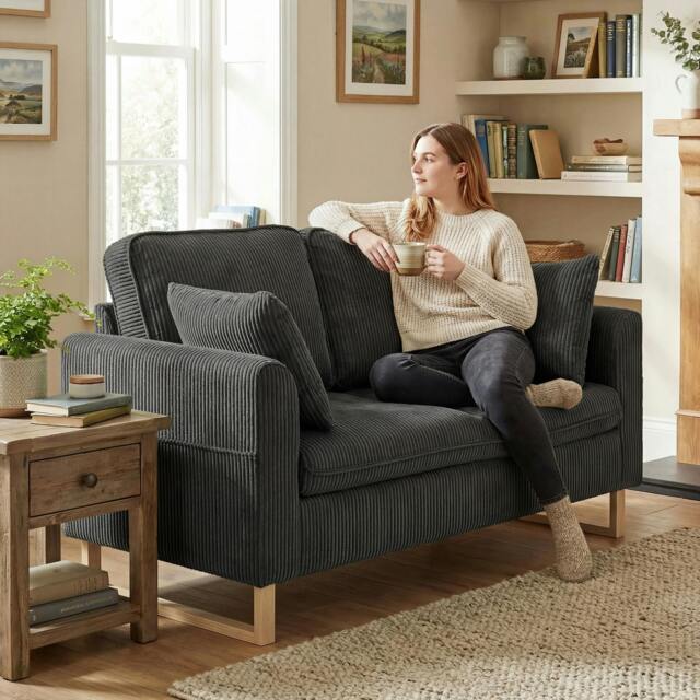 Rackhams 2 Seater Sofa, Corduroy Sofa w/ Spring Cushions 2 Pillows - Dark Grey - image 1
