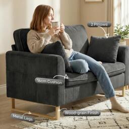 Rackhams 2 Seater Sofa, Corduroy Sofa w/ Spring Cushions 2 Pillows - Dark Grey - thumbnail 5