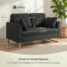 Rackhams 2 Seater Sofa, Corduroy Sofa w/ Spring Cushions 2 Pillows - Dark Grey - thumbnail 3