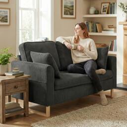 Rackhams 2 Seater Sofa, Corduroy Sofa w/ Spring Cushions 2 Pillows - Dark Grey - thumbnail 1