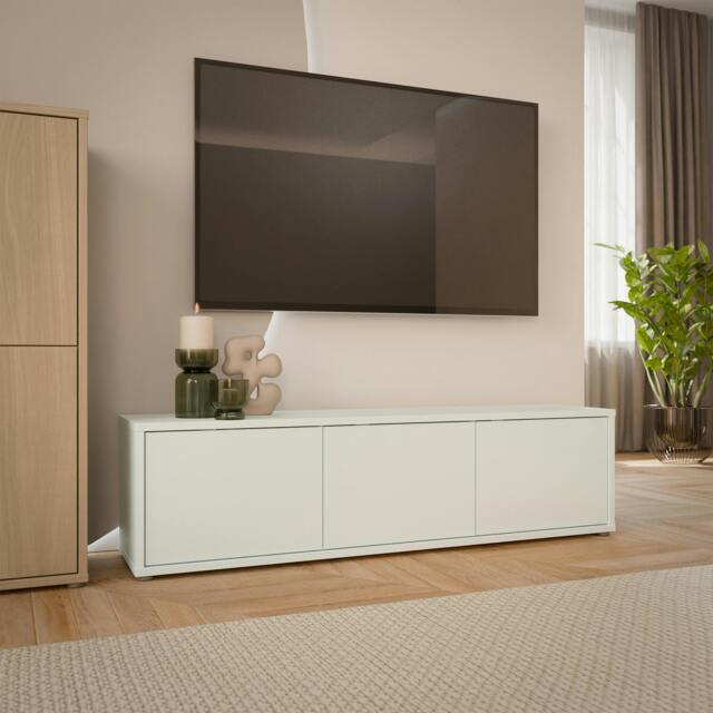 Rackhams Alice Springs Wide TV Cabinet with 3 Doors Push-to-Open in Light Grey - W 154.2 X H 41.5 X D 34.9cm - 1 - Manufactured Wood - image 1