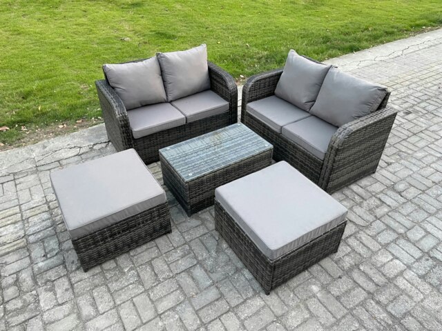 Rackhams Rattan Garden Furniture Set 6 Seater Patio Outdoor Lounge Sofa Set with Rectangular Coffee Table 2 Big Footstool Dark Grey Mixed - image 1