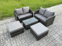 Rackhams Rattan Garden Furniture Set 6 Seater Patio Outdoor Lounge Sofa Set with Rectangular Coffee Table 2 Big Footstool Dark Grey Mixed - thumbnail 1