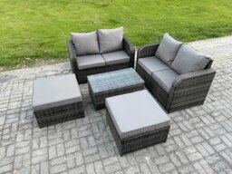 Rackhams Rattan Garden Furniture Set 6 Seater Patio Outdoor Lounge Sofa Set with Rectangular Coffee Table 2 Big Footstool Dark Grey Mixed - thumbnail 2