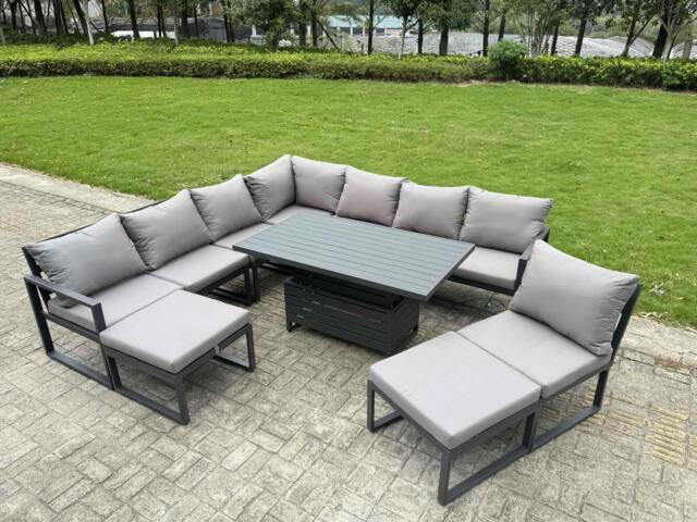 Rackhams 9 Seater Aluminium Garden Furniture Set with Adjustable Rising Dining Table, 2 Footstools - Grey