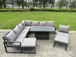 Rackhams 9 Seater Aluminium Garden Furniture Set with Adjustable Rising Dining Table, 2 Footstools - Grey - thumbnail 2