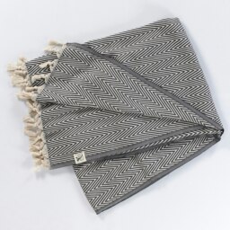 Rackhams Merich Cotton Chevron Throw Blanket - Anthracite on Natural