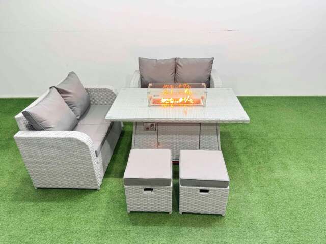 Rackhams 6 Seater Outdoor Love Sofa Set Rattan Garden Furniture Set with Fire Pit Dining Table 2 Small Stools Light Grey - image 1