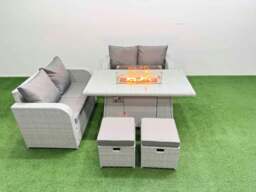 Rackhams 6 Seater Outdoor Love Sofa Set Rattan Garden Furniture Set with Fire Pit Dining Table 2 Small Stools Light Grey - thumbnail 1