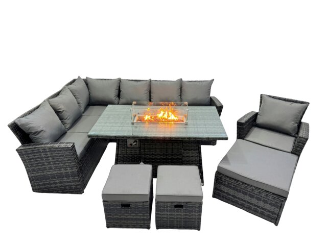 Rackhams Poly Rattan Outdoor Patio Gas Firpit Dining Table Corner Sofa Set with 3 Stools Chair for Garden Backyard Dark Grey Mixed - image 1