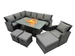Rackhams Poly Rattan Outdoor Patio Gas Firpit Dining Table Corner Sofa Set with 3 Stools Chair for Garden Backyard Dark Grey Mixed - thumbnail 2