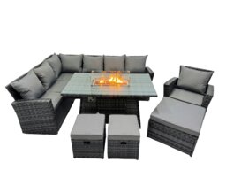 Rackhams Poly Rattan Outdoor Patio Gas Firpit Dining Table Corner Sofa Set with 3 Stools Chair for Garden Backyard Dark Grey Mixed - thumbnail 1