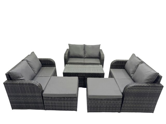 Rackhams 3 Seater Sofa Reclining Chair Coffee Table Set Rattan Garden Outdoor Furniture Set with 2 Big Footstools Dark Grey Mixed - image 1