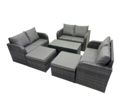 Rackhams 3 Seater Sofa Reclining Chair Coffee Table Set Rattan Garden Outdoor Furniture Set with 2 Big Footstools Dark Grey Mixed - thumbnail 2
