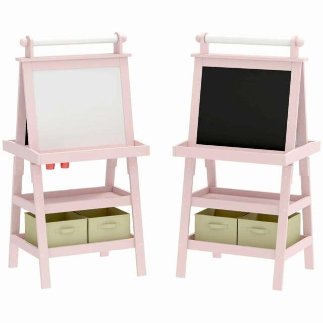 Rackhams 3 in 1 Kids Easel Double-Sided Magnetic Whiteboard and Chalkboard with Paper Roll, Storage Baskets - Pink