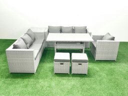 Rackhams 7 Pieces Outdoor Rattan Sofa Set with Cushions Patio Garden Furniture Sets with Armchair Dining Table Side Table 2 Small Footstools - thumbnail 1