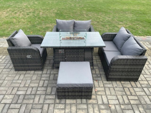 Rackhams Rattan Garden Furniture Set with Gas Fire Pit Dining Table Big Footstool Indoor Outdoor 5 piece Love Sofa set - image 1