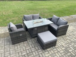 Rackhams Rattan Garden Furniture Set with Gas Fire Pit Dining Table Big Footstool Indoor Outdoor 5 piece Love Sofa set - thumbnail 2