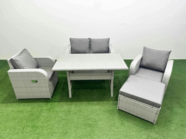 Rackhams Light Grey PE Wicker Rattan Garden Furniture Set Sofa Set Reclining Chair Rectangular Dining Table 5 Seater With Footstool - image 1