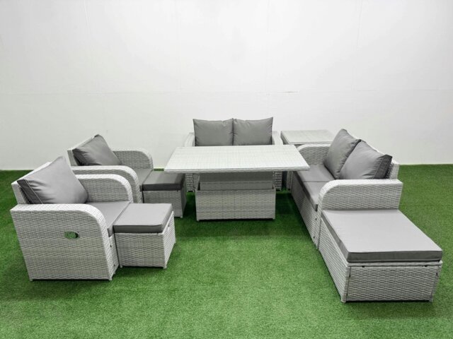 Rackhams 9-Seater Outdoor Rattan Reclining Sofa Set - Adjustable Dining/Coffee Table, 3 Stools, Side Table - Light Grey - image 1