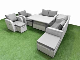 Rackhams 9-Seater Outdoor Rattan Reclining Sofa Set - Adjustable Dining/Coffee Table, 3 Stools, Side Table - Light Grey - thumbnail 2