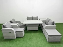 Rackhams 9-Seater Outdoor Rattan Reclining Sofa Set - Adjustable Dining/Coffee Table, 3 Stools, Side Table - Light Grey - thumbnail 1