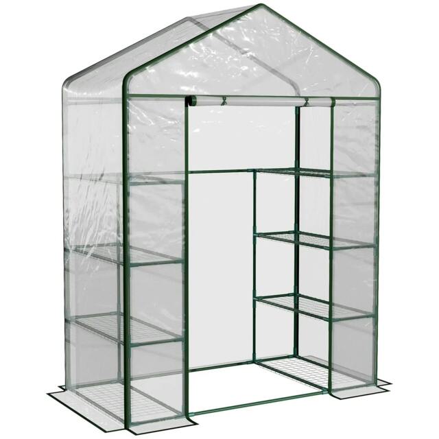 Rackhams Walk in Greenhouse with 4-Tier 8 Shelves, Green House with Hemmed Cover, Roll-up Zipped Door, Steel Frame, 143 x 73 x 195cm - image 1