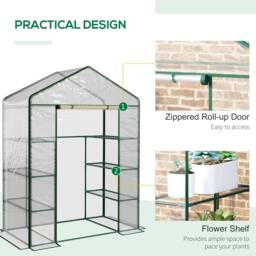 Rackhams Walk in Greenhouse with 4-Tier 8 Shelves, Green House with Hemmed Cover, Roll-up Zipped Door, Steel Frame, 143 x 73 x 195cm - thumbnail 4