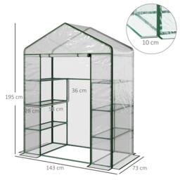 Rackhams Walk in Greenhouse with 4-Tier 8 Shelves, Green House with Hemmed Cover, Roll-up Zipped Door, Steel Frame, 143 x 73 x 195cm - thumbnail 2