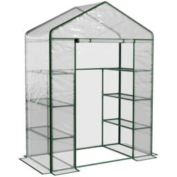 Rackhams Walk in Greenhouse with 4-Tier 8 Shelves, Green House with Hemmed Cover, Roll-up Zipped Door, Steel Frame, 143 x 73 x 195cm - thumbnail 1