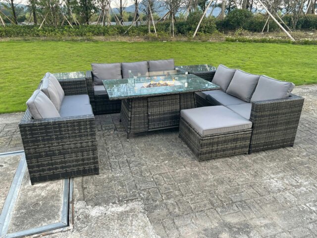 Rackhams Rattan Outdoor Garden Furniture Set with Gas Fire Pit Table, 3 Sofas, 2 Side Tables, Large Footstool - 10 Seater - Dark Grey - image 1