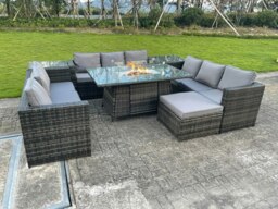 Rackhams Rattan Outdoor Garden Furniture Set with Gas Fire Pit Table, 3 Sofas, 2 Side Tables, Large Footstool - 10 Seater - Dark Grey - thumbnail 2