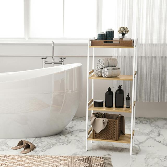 Rackhams 4-Tier Bamboo Bathroom Shelf with Adjustable Rack, Natural, White - image 1