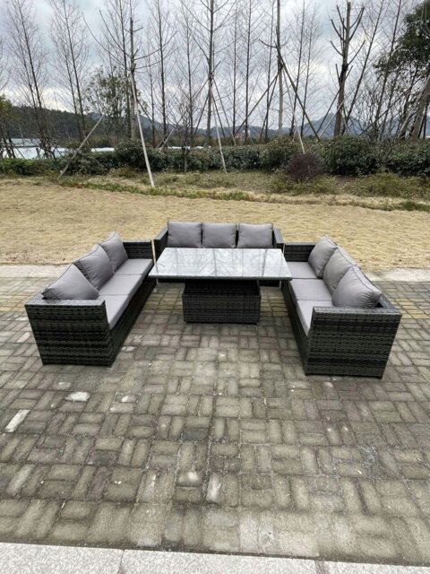 Rackhams 9 Seater?Outdoor Garden Furniture Rattan Sofa Set Adjustable Rising Lifting Dining Table Dark Grey Mixed - image 1