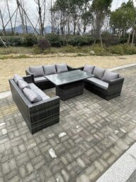 Rackhams 9 Seater?Outdoor Garden Furniture Rattan Sofa Set Adjustable Rising Lifting Dining Table Dark Grey Mixed - thumbnail 3