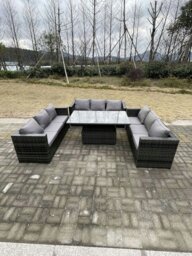 Rackhams 9 Seater?Outdoor Garden Furniture Rattan Sofa Set Adjustable Rising Lifting Dining Table Dark Grey Mixed - thumbnail 1