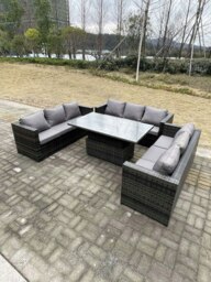 Rackhams 9 Seater?Outdoor Garden Furniture Rattan Sofa Set Adjustable Rising Lifting Dining Table Dark Grey Mixed - thumbnail 2