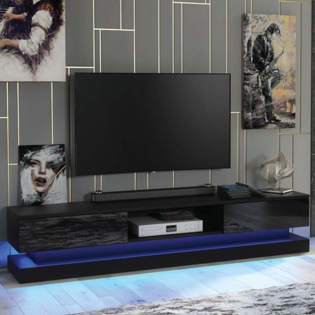 Rackhams 180cm Modern TV Unit with Black High Gloss Doors & Free LED Lighting - 180 cm  -  MDF/Chipboard - Black Matt Body & Black Gloss Doors - image 1