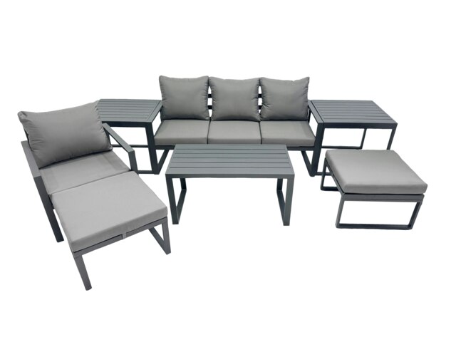 Rackhams 6 Seat Outdoor Garden Furniture Set Aluminium Lounge 3 Seat Sofa Oblong Coffee Table Sets with Chair 2 Big Stools 2 Side Tables Dark Grey - image 1
