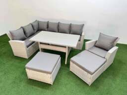 Rackhams 9 Seater Rattan Garden Furniture Set Outdoor Patio Dining Corner Sofa Sets with Dining Table Chair 2 Big Footstools Light Grey Mixed - thumbnail 1