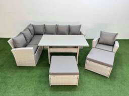 Rackhams 9 Seater Rattan Garden Furniture Set Outdoor Patio Dining Corner Sofa Sets with Dining Table Chair 2 Big Footstools Light Grey Mixed - thumbnail 2