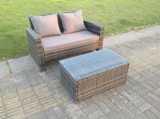 Rackhams Dark Mixed Grey High Back Rattan Garden Furniture 2 Seater Love Seat Sofa With Oblong Coffee Table - image 1