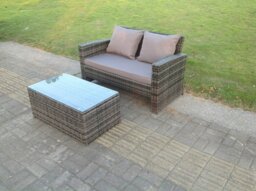 Rackhams Dark Mixed Grey High Back Rattan Garden Furniture 2 Seater Love Seat Sofa With Oblong Coffee Table - thumbnail 2