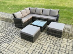 Rackhams Rattan Garden Furniture Set Outdoor Lounge Corner Sofa Set With Square Coffee Table 2 Big Footstool 8 Seater Dark Grey Mixed - thumbnail 1