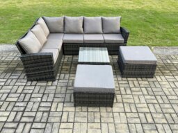 Rackhams Rattan Garden Furniture Set Outdoor Lounge Corner Sofa Set With Square Coffee Table 2 Big Footstool 8 Seater Dark Grey Mixed - thumbnail 2
