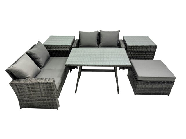 Rackhams 5 Seater Wicker PE Rattan Furniture Outdoor Dining Table Double Seat Sofa Big Stool 2 Side Table Set Dark Grey Mixed - image 1